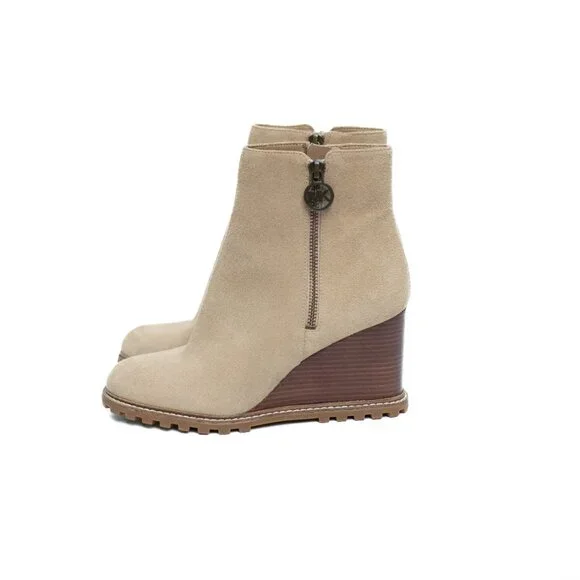 MICHAEL MICHAEL KORS Womens 7 M Beige Evelyn Round Toe Wedge Leather Booties - Picture 6 of 15